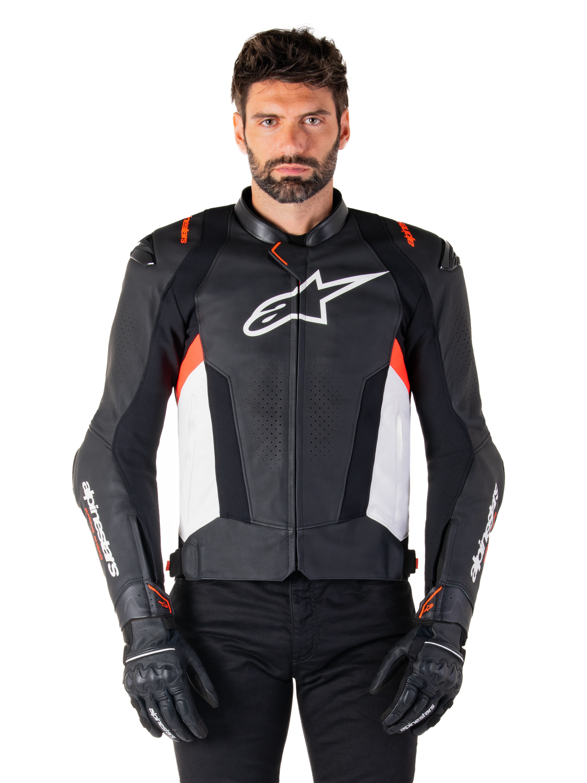 Alpinestars Missile v3 Leather Jacket in Black/White/Red Fluo