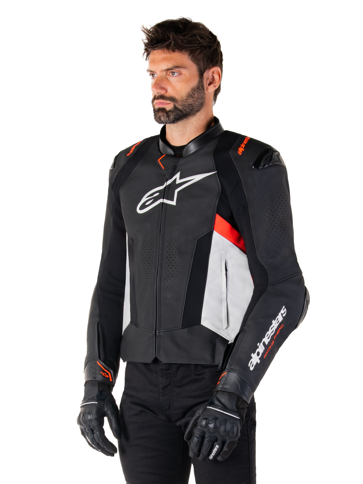 Alpinestars Missile v3 Leather Jacket in Black/White/Red Fluo