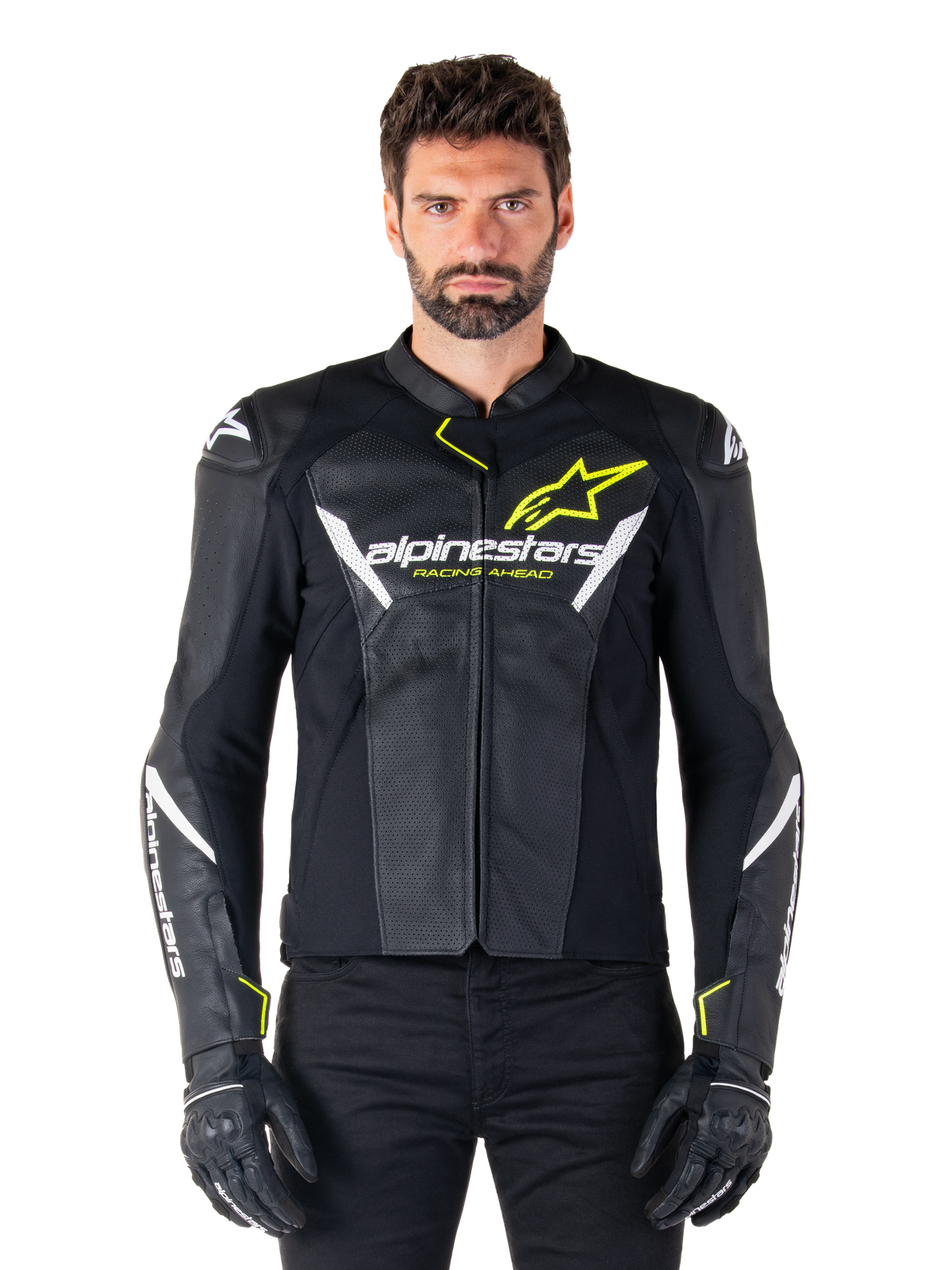 Alpinestars Faster v3 Airflow Leather Jacket in Black/White/Yellow Fluo