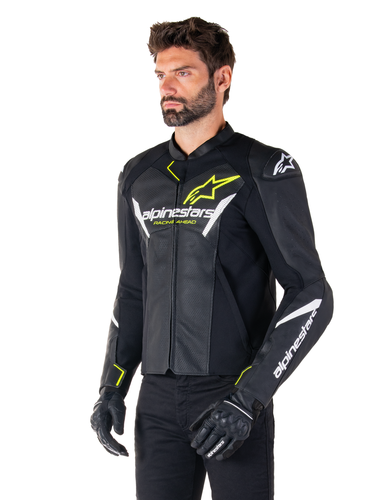Alpinestars Faster v3 Airflow Leather Jacket in Black/White/Yellow Fluo