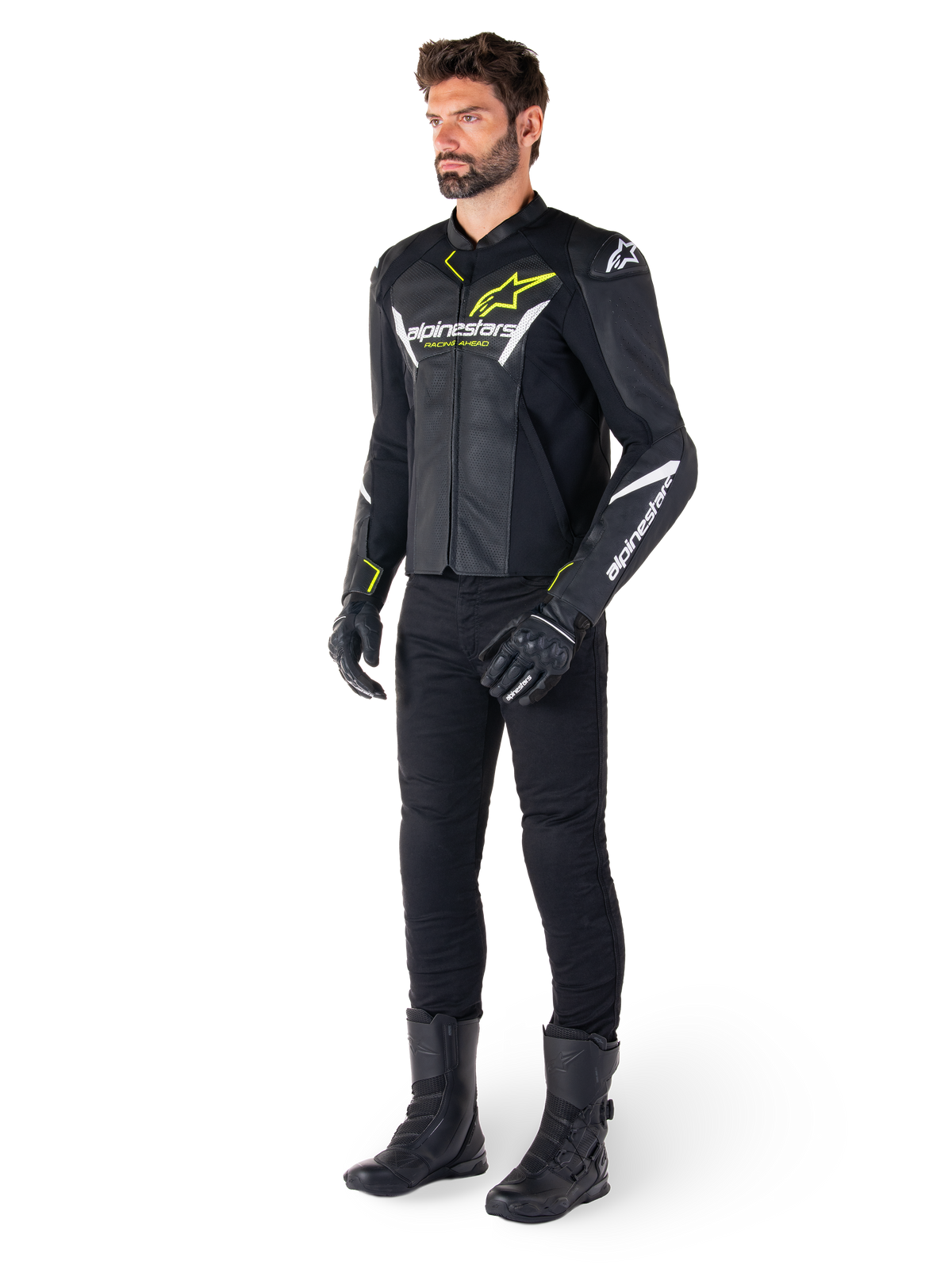 Alpinestars Faster v3 Airflow Leather Jacket in Black/White/Yellow Fluo