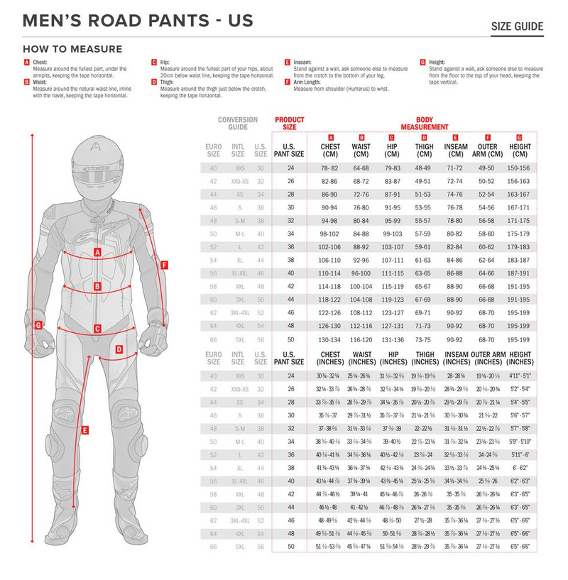 Alpinestars Pants size chart