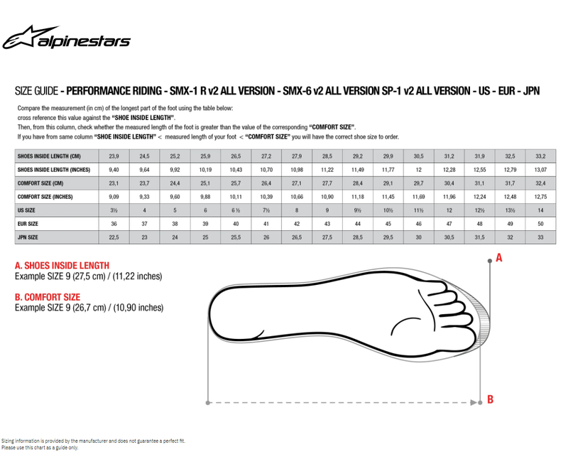 Alpinestars Boots size chart