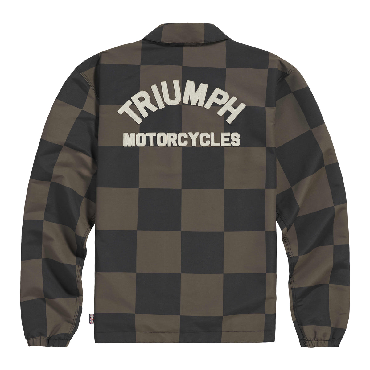 Triumph Carter Checkerboard Jacket in Iron and Black, back view with arched Triumph Motorcycles lettering