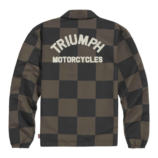 Triumph Carter Checkerboard Jacket in Iron and Black, back view with arched Triumph Motorcycles lettering