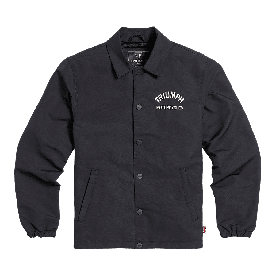 Triumph Carter Coach Jacket in Black, front view with chest logo and popper fastening
