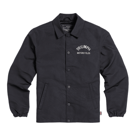 Triumph Carter Coach Jacket in Black, front view with chest logo and popper fastening