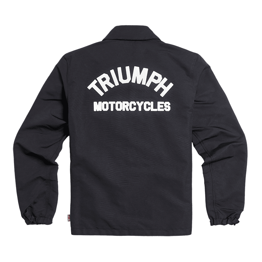 Triumph Carter Coach Jacket in Black, back view with arched Triumph Motorcycles lettering